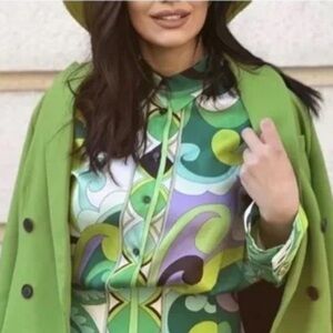 Zara Vibrant Multicolored Green Abstract Floral Retro Button Down Blouse L